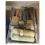 Paint tray, brushes, rollers