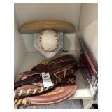Baseball display, Mitt, and batting gloves