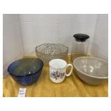 Vintage glass, mug & pottery bowl- lot of