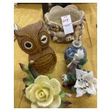 Porcelain flowers, wax owl, seashell bowl