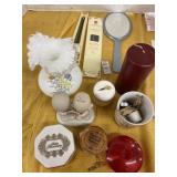 Candlesticks, handheld mirror, vase, various