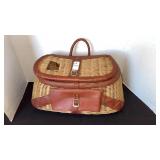 Vtg wicker fishing creel with leather straps and