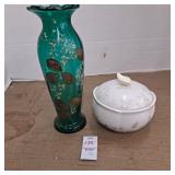 VINTAGE BLUE GREEN HAND PAINTED FLORAL VASE 8
