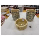 Pottery crocks & dog dish 1qt.