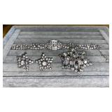 Rhinestone pin, clip earrings and bracelet