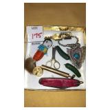 Vintage mini atomizer, Heinz pickle pins,