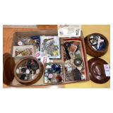 Wooden dresser boxes, pins buttons assorted