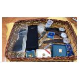 Mens basket-bow tie, pocket knives, watches, pins