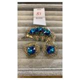 Vintage Blue Rivoli crystal pin & clip earrings