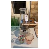 Pink Depression Glass, Shot Glass and Oil Lamp