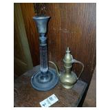 Silver plate candleholder and brass tea pot lot