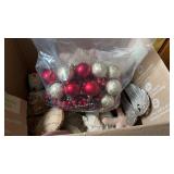 Box of Christmas Ornaments and Tree Toppers
