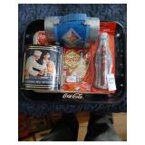 Coca-Cola metal tray, lunch box, pen and tin lot