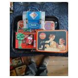 Coca-Cola metal tray, lunch box, playing cards,