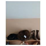 Antique boots, and fur and fabric hand muff lot