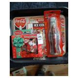 Coca-Cola metal tray, playing cards, and pen and