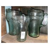 2 Libbey Coca-Cola green pebbled glass pitchers &