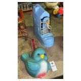 Vintage Blue Bird Music Box & Plastic Shoe House