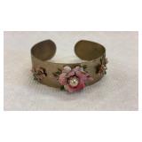 Vintage Gold Tone Floral Enamel Cuff Bracelet