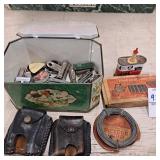 Vintage tin guitar picks, nail clippers, wood