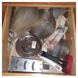 2 strainers, pans,meat thermometer,other various