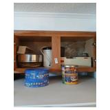 Kitchen cabinet lot and tins, popcorn maker,