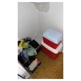 Corner lot of Coolers, Umbrellas, Gloves, and
