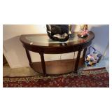 Wood Half Moon Console w/ Glass Top & Shelf