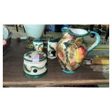 Vintage Fruit Pattern Pitcher, Salt Shakers, and