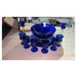 Blue Glass Punch Bowl and Glass Set