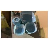 Dryden Pottery square bowls with a blue drip