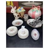 Bunny covered dish, egg dish & variety of floral