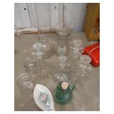 Misc glass lot, cut glass basket, jars etc