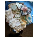 Needlework, music box, misc lot