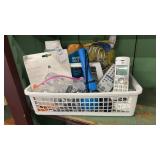 Bath tote of hooks, phones, curtain hooks