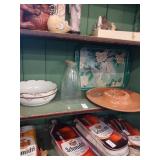 Misc. shelf lot of glass and pottery, tin tray