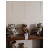 Owl shelf lot, 2 porcelain, 1 feathers