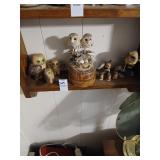 Shelf lot of owls, music box etc