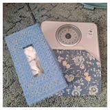 Vintage trimmer bathroom scale, needlepoint