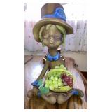 Pottery clay girl w/ basket figurine