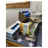 Garbage and sandwich bags, paper plates, nitrile