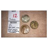 1964 silver dime, 1945 wheat penny, 1944 United