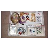 8 Novelty pins - postage stamps, wooden painted,