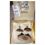 Enameled Cat pin brooch & earrings signed Nanci