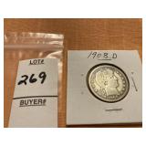 1908D US barber Quarter