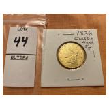 1836 $5 gold Classic Head half eagle