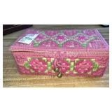 Needlework box & contents, stone flute, mini