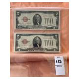 Two, 1928 series $2.00 bills, consecutive serial