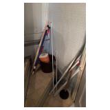 Corner Lot of Curtain Rods, Bucket and More