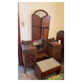Vintage Wooden Vanity Set W Stool